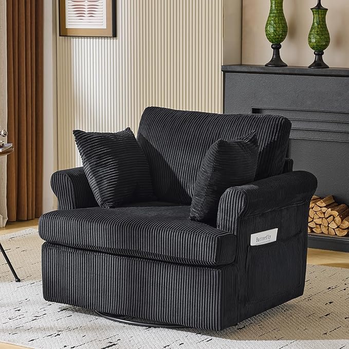 Karl home Swivel Accent Chair Set of 2, 39" Oversized Armchair W/2 Pillows and 4 Pockets,Modern Corduroy Barrel Chairs,Comfy Single Sofa for Living Room,Reading,Bedroom and Office-Black