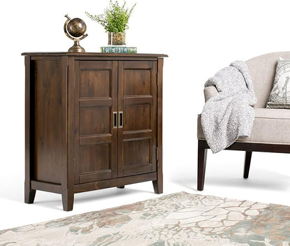 SIMPLIHOME Burlington SOLID WOOD 30 inch Wide Transitional Low Storage Cabinet in Mahogany Brown for the Living Room, Entryway and Family Room