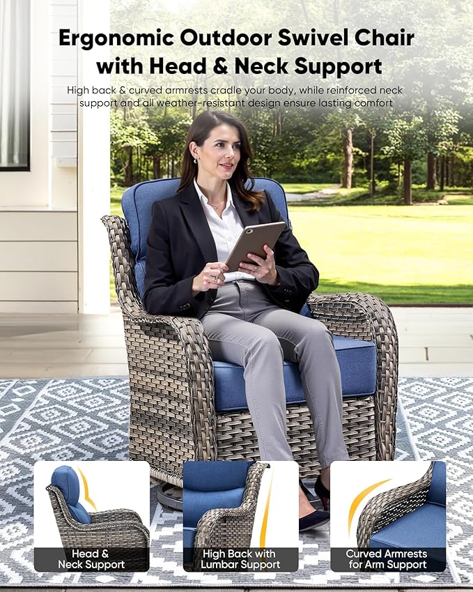 HUMMUH 8 Pieces Wicker Patio Furniture Set with Patio Swivel Chairs Set of 4,High Back Outdoor Sofa Coffee Table Ottomans,6 Inch Thick Cushions Outdoor Conversation Set for Porch, Balcony, Deck
