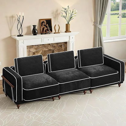 112" Cloud Modular Sectional Sofa,Oversized Deep 3 Seater Couch with Armrests Wooden Legs,Comfy Thicked Cushion Upholstered Sofa for Living Room Bedroom,Black