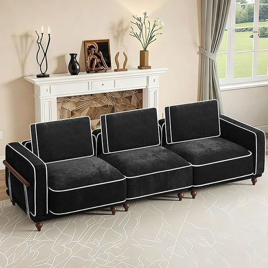 112" Cloud Modular Sectional Sofa,Oversized Deep 3 Seater Couch with Armrests Wooden Legs,Comfy Thicked Cushion Upholstered Sofa for Living Room Bedroom,Black