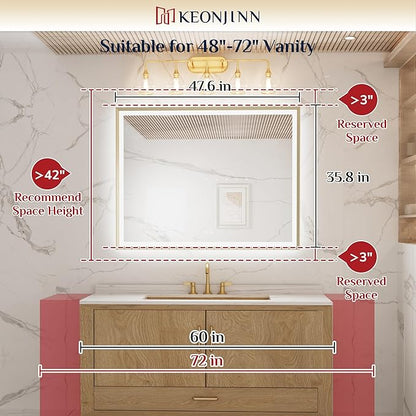 Keonjinn 48” x 36” LED Bathroom Mirror with Frontlit & Backlit, Gold Metal Framed Lighted Mirror with Stepless Dimmable 3-Color Temperatures, Anti Fog, UL-Listed Driver, No Dark Corner