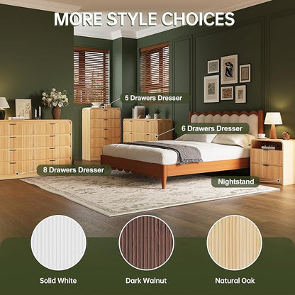 FURSUN Fluted 6 Drawers Dresser for Bedroom, 54" Wide Wooden Dresser with Metal Handle, Curved Profile Design, Modern Storage Organizer for Bedroom, Hallway (Natural Oak)