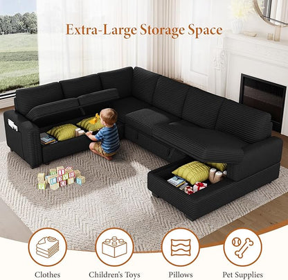 Vesgantti 113.6" Modular Sectional Sofa with Pull Out Couch Bed, 7 Seater U Shaped Sleeper Sofa with Storage Chaise, Corduroy Sectional Couch for Living Room, Bedroom, Apartment, Black