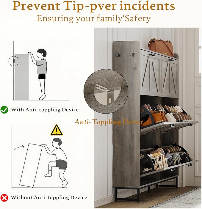 Shoe Cabinet Storage for Entryway, Shoe Storage Cabinet with 6 Flip Drawers, Freestanding Narrow Shoe Rack Organizer with Metal Legs, Adjustable Shelves & Open Storage for Foyer, Hallway, Grey