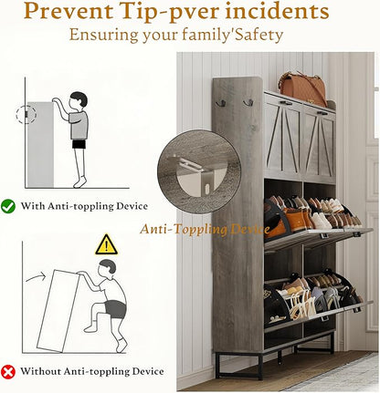 Shoe Cabinet Storage for Entryway, Shoe Storage Cabinet with 6 Flip Drawers, Freestanding Narrow Shoe Rack Organizer with Metal Legs, Adjustable Shelves & Open Storage for Foyer, Hallway, Grey