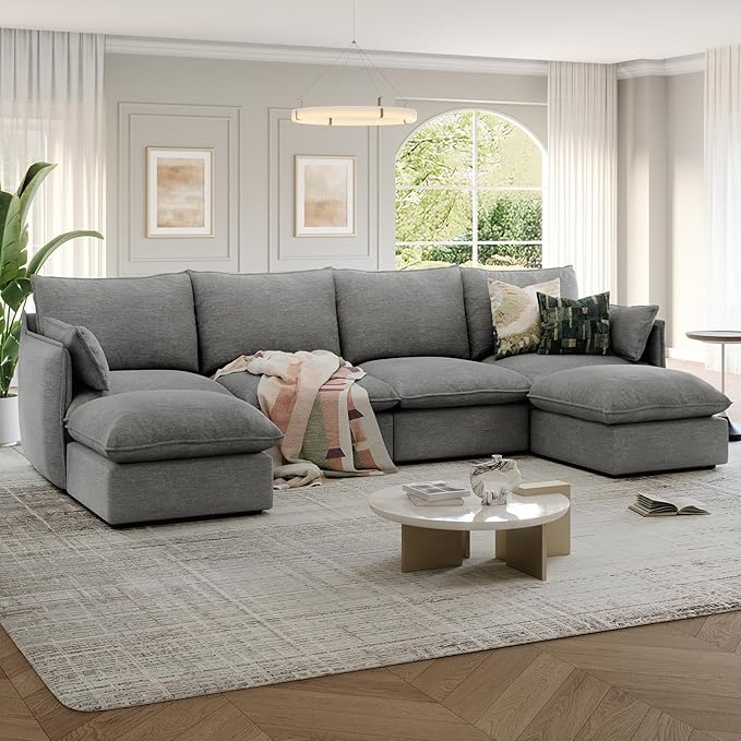 124" Cloud Modular Sectional Sofa, Waterproof Down Filled Sectional Couch, High Backrest U Shaped 4 Seater Couch with 2 Ottomans, Modern Modular Sofas with Removable Cover, Dark Gray
