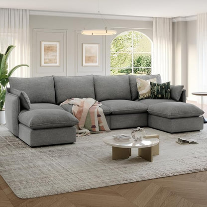 124" Cloud Modular Sectional Sofa, Waterproof Down Filled Sectional Couch, High Backrest U Shaped 4 Seater Couch with 2 Ottomans, Modern Modular Sofas with Removable Cover, Dark Gray