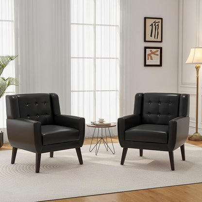 Accent Chair, Mid-Century Modern PU Leather Chairs with Arms for Living Room, Comfy Upholstered Club Single Sofa Armchair for Bedroom Waiting Room with Solid Wood Frame（Leather Black, Set of 1)