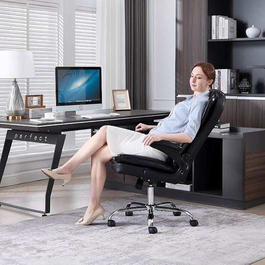 Office Desk Chair, Executive Leather Office Chair, High Back Ergonomic Home Desk Chair with Padded Flip-up Arms, Big and Tall Computer Chair with Rocking Function, 360°Swivel Free, Black