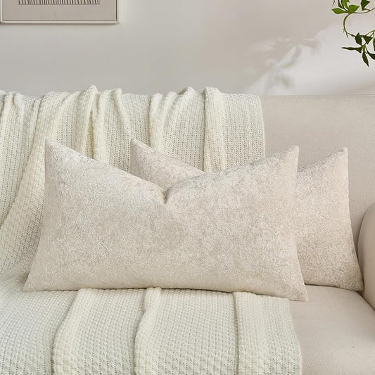 FUTEI Cream Flannel Throw Pillow Covers 12x20 Inch Set of 2,Soft Dimensional Textured Lumbar Pillow Cases,Modern Home Decor for Couch Living Room