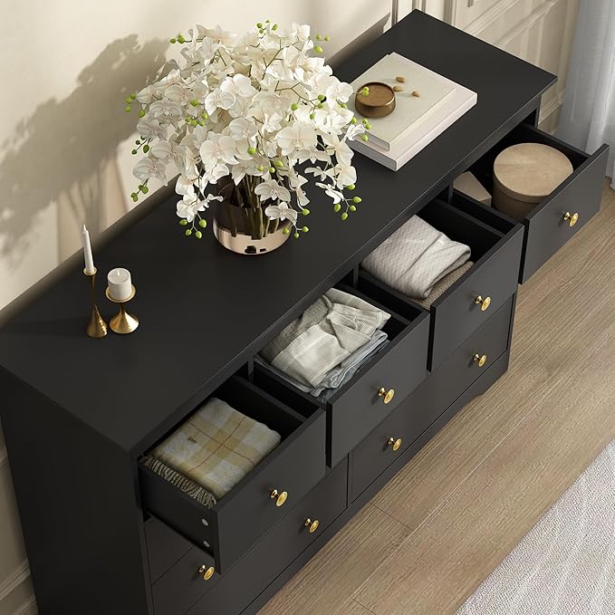 Black Dresser for Bedroom, 10 Drawer Dresser with Large Drawers, 55 Inch Wide Wood Chest for Living Room, Hallway