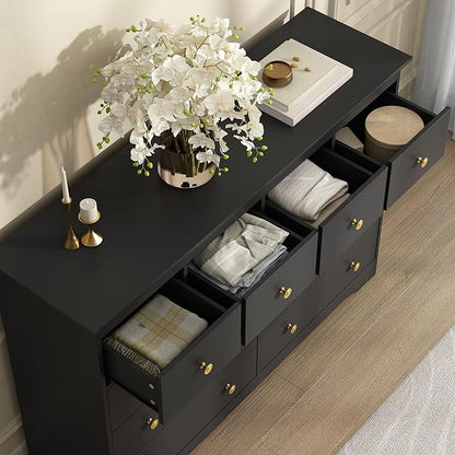 Black Dresser for Bedroom, 10 Drawer Dresser with Large Drawers, 55 Inch Wide Wood Chest for Living Room, Hallway