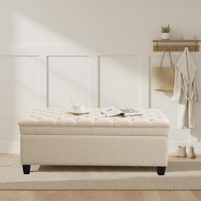 50" Storage Ottoman Bench, Rectangular End of Bed Storage Bench, Upholstered Large Fabric Tufted Ottoman with Storage for Living Room, Bedroom, Entryway,Khaki
