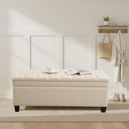50" Storage Ottoman Bench, Rectangular End of Bed Storage Bench, Upholstered Large Fabric Tufted Ottoman with Storage for Living Room, Bedroom, Entryway,Khaki