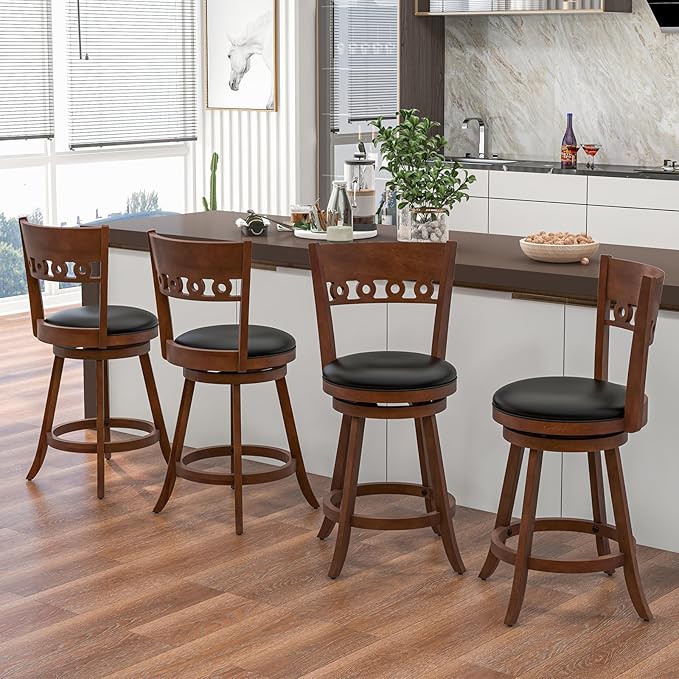 COSTWAY Bar Stools Set of 4, 24.5” Counter Height Bar stools with Solid Wood Legs, Cushioned Seat, Footrest, for Home, Kitchen Island, Bar (4, 24.5'' Seat Height)