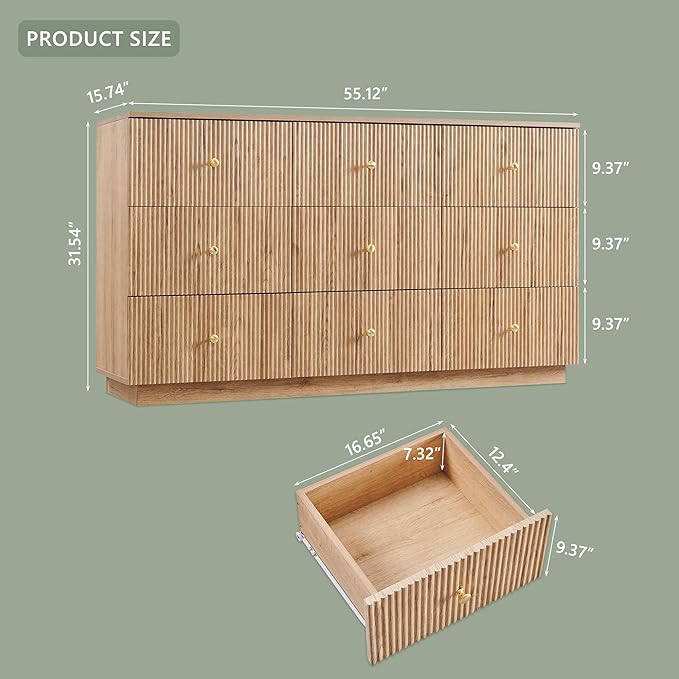 Fluted Dresser for Bedroom, 55" W 9 Drawer Dressers, Wood Tall Dresser Storage Organizer, Modern Bedroom Chest of Drawers with Deep Storage for Closet Hallway, Entryway, Living Room Natural