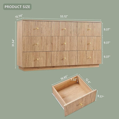 Fluted Dresser for Bedroom, 55" W 9 Drawer Dressers, Wood Tall Dresser Storage Organizer, Modern Bedroom Chest of Drawers with Deep Storage for Closet Hallway, Entryway, Living Room Natural