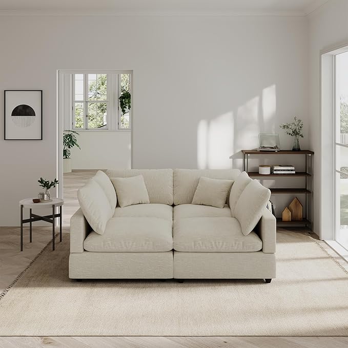 Modern Sectional Linen Couch for Living Room L-Shape Sofas,4 Seat Modular Cloud Sofas,Detachable Couch Cushion Covers,Cozy Feather Down Sofa for Apartment Beige