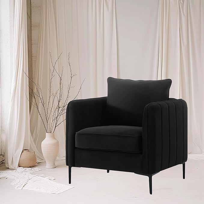 Velvet Accent Chair, Comfy Upholstered Single Sofa Chair Mid-Century Modern Armchair with Thick Cushion and Wood Frame Side Chair for Living Room Bedroom Apartment (Black)