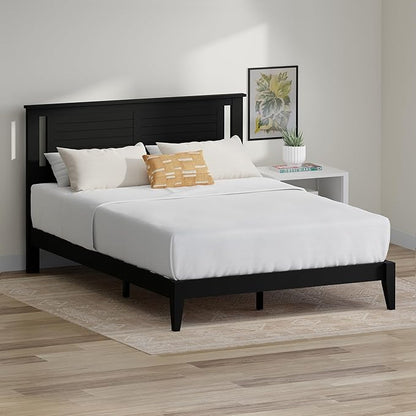 Serene Farmhouse Style Wood Bed in Queen Size with Horizontal Scoring Headboard, Coastal Modern Design, Sturdy, Easy Assembly, Ample Underbed Storage, Black Finish