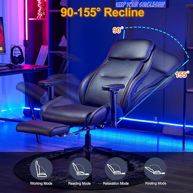 Ergonomic Home Office Chair with Footrest,Modern Faux Leather Reclining Chair,High Back Video Game Executive Computer Chairs with Adjustable Armrest & Lumbar Support,360°Swivel (Black)