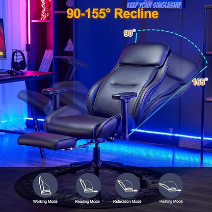 Ergonomic Home Office Chair with Footrest,Modern Faux Leather Reclining Chair,High Back Video Game Executive Computer Chairs with Adjustable Armrest & Lumbar Support,360°Swivel (Black)