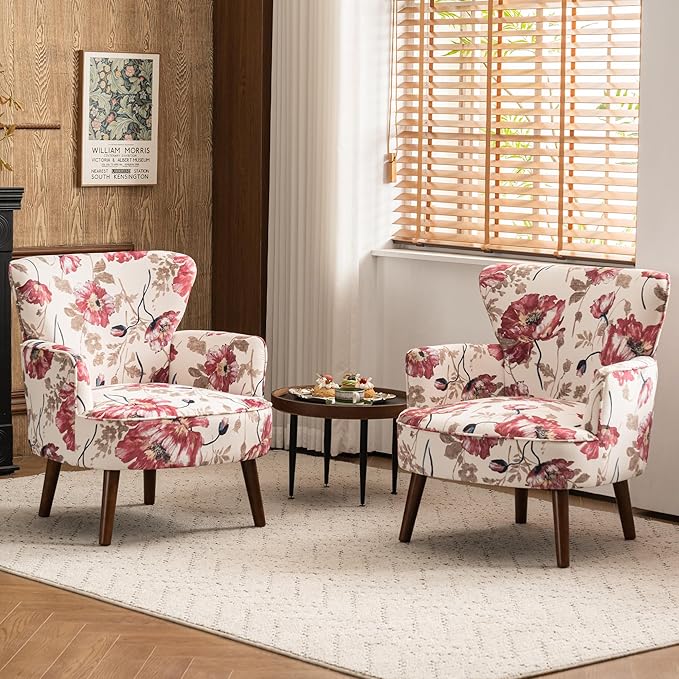 Floral Accent Chair Set of 2, Upholstered Living Room Chairs with Solid Wood Legs, Mid Century Modern Velvet High Back Armchair for Bedroom, Living Room, Pink