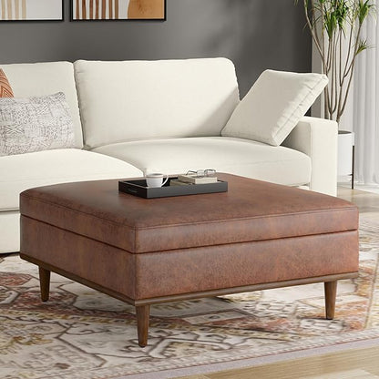 SIMPLIHOME Shiloh 38 inch Wide Transitional Contemporary Square Storage Ottoman in Distressed Saddle Brown Vegan Faux Leather, Assembled, for The Living Room, Entryway and Family Room