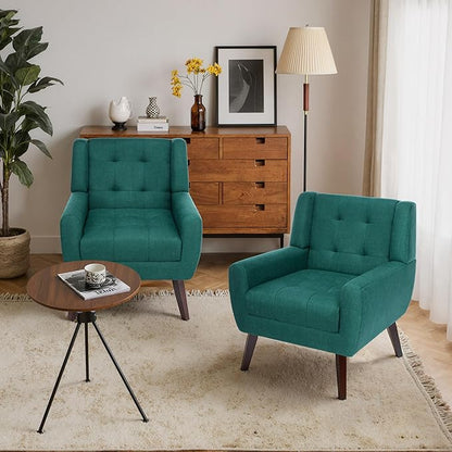 Accent Chairs Set of 2, Mid-Century Modern Upholstered Armchair, Comfy Fabric Living Room Chairs Reading Chairs with Button Tufted Back & Solid Wood Legs for Bedroom, Office, Light Blue