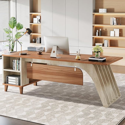 Tribesigns 78" Large L-Shaped Executive Desk, Modern Office Desk with Lateral File Cabinet and Drawer, Home Business Computer Workstation Set with Storage Shelves, Walnut & Oak
