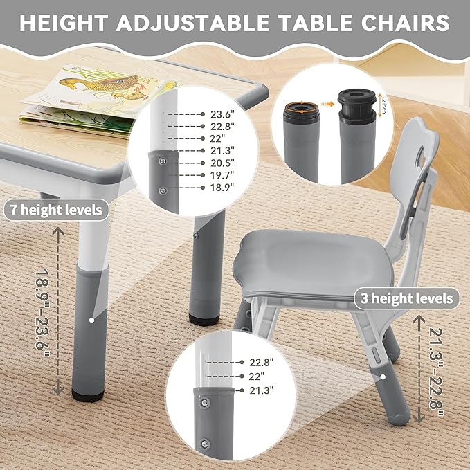 Kids Study Table and Chairs Set, Height Adjustable Toddler Table and Chair Set for Kids Ages 3-8, 23.6" L x 23.6" W Graffiti Desktop Plastic Children Art Table with 4 Seats, W-Grey