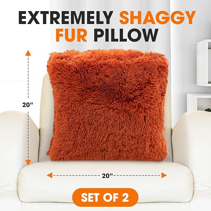 Cheer Collection Throw Pillows for Couch and Bed, Soft Shaggy Throw Pillows with Inserts Included, Cozy Long Hair Faux Fur Pillows - Set of 2-18" x 18" - Rust Orange
