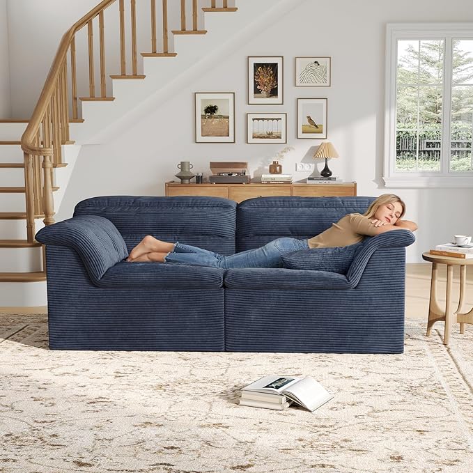 81" Sofa with Deep Seats Oversize, 2 Seater Cloud Couches, Upholstered Corduroy Loveseat for Living Room Bedroom, No Assembly Required, Blue