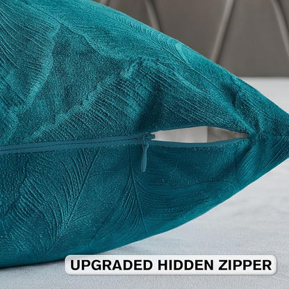 FUTEI Teal Velvet Throw Pillow Covers 16x16 Inch Set of 2,Soft Embossed Leaf-Relief Textured Cushion Cases,Natural Home Decor for Couch Living Room