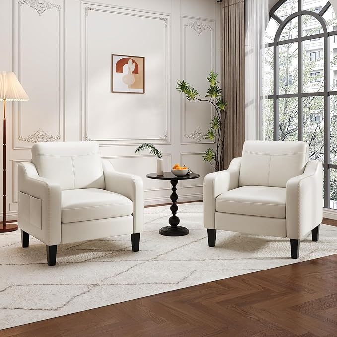 PU Leather Accent Chair, Mid-Century Modern Living Room Armchair Sofa with Removable Cushions, Solid Wood Frame & Stitched Armrest Design, Bedroom Chair with Plastic Legs, Beige
