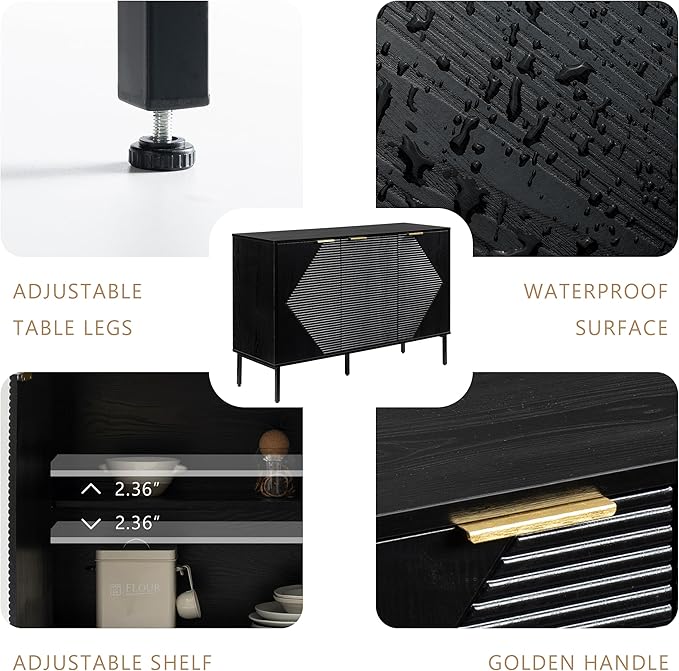 Sideboard Buffet Cabinet, Modern Storage Cabinets with Doors and Shelves, Wooden Fluted Cabinet for Living Room, Entryway, Kitchen(1, Embossed Black)