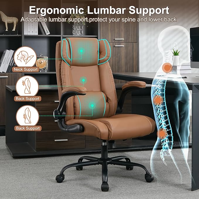 Office Desk Chair,Ergonomic Conference Room Chairs,Mid Back Executive Leather Chair,Comfy Computer Desk Chairs with Adjustable Flip-Up Arms and Rocking Function (Brown)