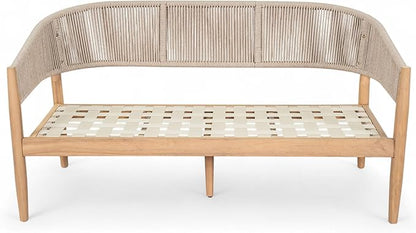 Christopher Knight Home Katarina Patio Acacia Wood Loveseat Furniture, Outdoor Loveseat Sofa with Comfy Fabric Cushions, 2-Seater Sofa with Handwoven Rope Backrest for Garden, Light Brown+Beige