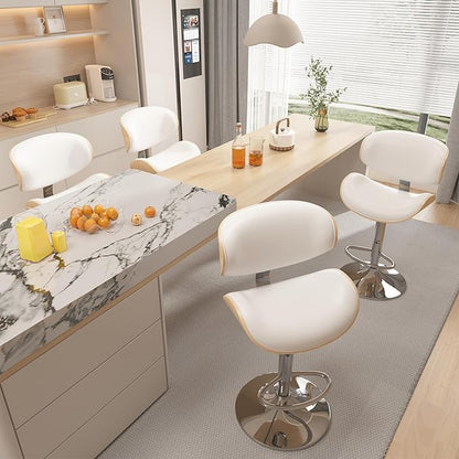 Bar Stools Set of 2, Bar Stools for Kitchen Island with Bentwood Back and Leather Seat, Swivel Barstools for Kitchen Counter, Bar, Snow White
