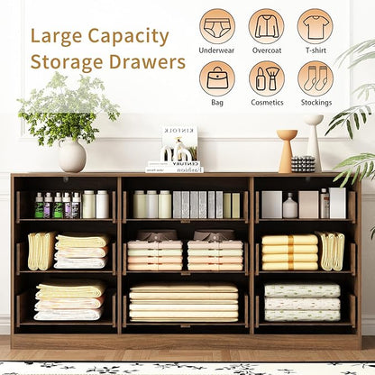 3-Piece Modern Bedroom Furniture Set, Wide 9-Drawer Dresser & 3-Drawer Nightstands Set of 2, Natural Wood Dresser and Nightstand Sets for Bedroom, Hallway, Walnut