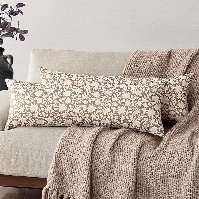 Foindtower Set of 2 Decorative Floral Long Body Lumbar Throw Pillow Covers Neutral Farmhouse Cushion Covers Boho Vintage Pillowcase for Couch Sofa Bedroom Living Room Home Decor,14×36 Inch,Tan