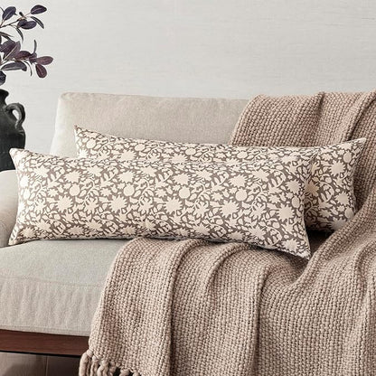 Foindtower Set of 2 Decorative Floral Long Body Lumbar Throw Pillow Covers Neutral Farmhouse Cushion Covers Boho Vintage Pillowcase for Couch Sofa Bedroom Living Room Home Decor,14×36 Inch,Tan
