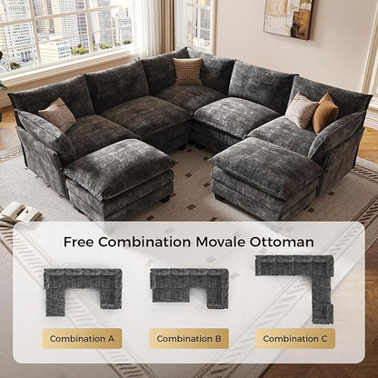KKL 120" Modular Sectional Sofa, Large V Shape 7 Seater Convertible J/L/U-Shaped Modern Sectional Couch with Ottoman, Chenille Sectional Couches for Living Room, Apartment, Grey