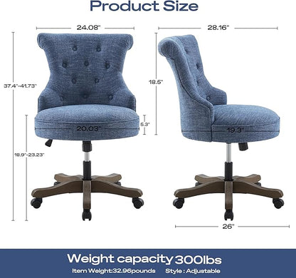 HUIMO Home Office Chair Upholstered Armless Desk Chair with Wheels Adjustable Height Computer Desk Chair with Wooden Legs Linen Comfortable Swivel for Farmhouse Study Studio (Blue)