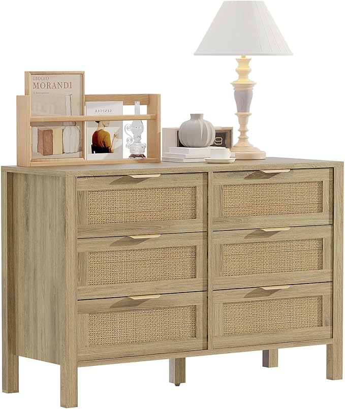 6 Drawer Dressers for Bedroom, Rattan Dresser with Drawers, Modern Wood Dresser with Metal Handles, Chest of Drawers for Bedroom, Living Room, Entryway (6 Drawer)