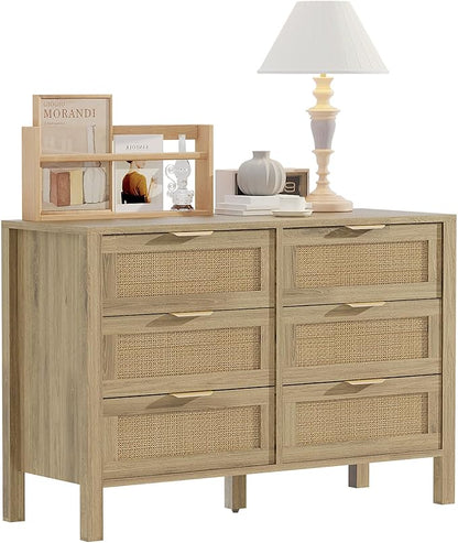 6 Drawer Dressers for Bedroom, Rattan Dresser with Drawers, Modern Wood Dresser with Metal Handles, Chest of Drawers for Bedroom, Living Room, Entryway (6 Drawer)