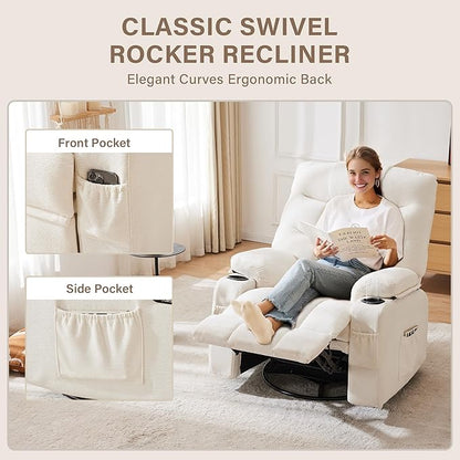 Manual Rocker Recliner Chair, 360°Swivel Recliner Chairs for Adults, Single Recliner Seat with Cup Holders,Upholstered Fabric Lazy Boy Recliner,White