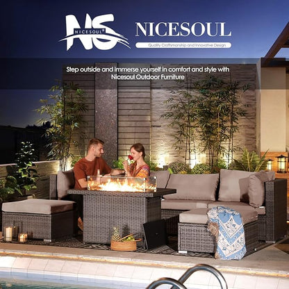 Nicesoul 6 Piece L Shaped Outdoor Patio Set with Firepit Table Natural Gas & Propane Convertible, 29.3'' High-Back Rattan Sectional Sofa, All Weather Deep Seats XL Large Conversation for Outside, Grey