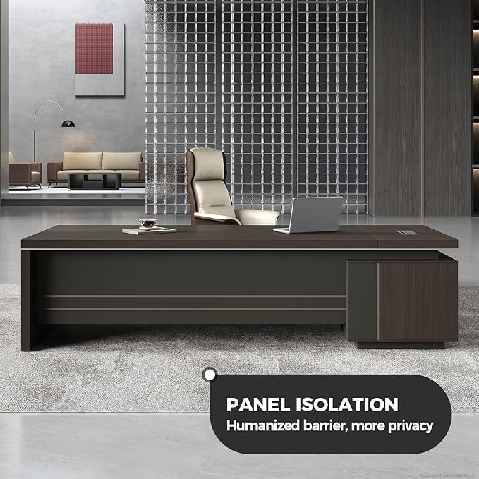 Reversible L Shaped Executive Desk with Lockable Drawers, Power Box & Cable Management, Dual-Tone Modern Wood Office Desk with Storage Cabinets & Privacy Panel for Home Office